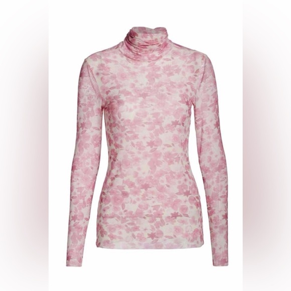 Ganni Tops - GANNI Floral Pink Mesh Turtleneck Top Size 36